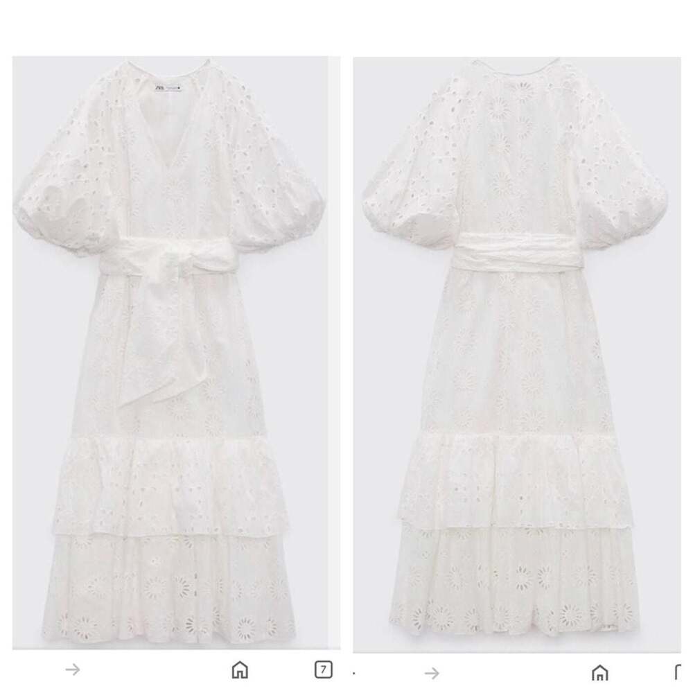Zara Belted Embroidered Midi Dress with Balloon Sleeves in Oyster White